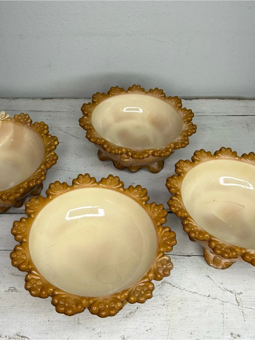 Set of 4 Greentown Indiana CHOCOLATE CARAMEL SLAG GLASS 3 LEGGED BOWL